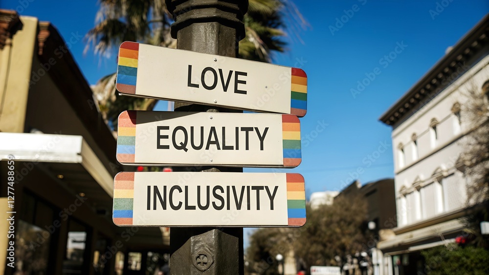Obraz premium Pride-Themed Street Signs: A street signpost with signs pointing to 
