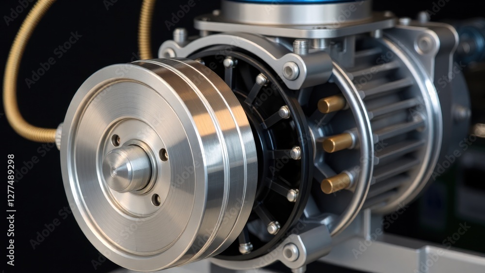 a mechanical compressor with detailed metallic parts, focusing on the front pulley and the intricate components of the cylindrical body.