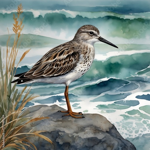 Artistic Sandpiper Resting on a Rock with Coastal Flora and Rolling Waves in the Background