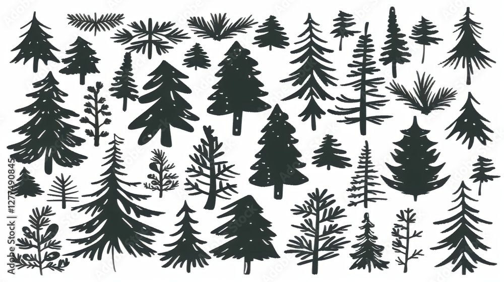 Obraz premium Captivating Vector Set: Pine Tree Silhouettes in an Evergreen Forest of Firs and Spruces