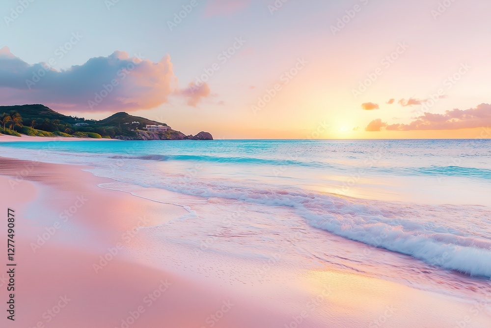 Obraz premium Beautiful Pink Beach at Sunset on Island with Turquoise Water, Waves Gently Lapping the Shore, Golden Light Reflecting on Calm Sea, Soft Pastel Colors Creating a Peaceful and Dreamy Landscape