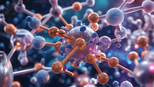 Molecules, 3D model. Atoms, chemical bonds, biomolecules molecular nano structure. Innovation in science, DNA, medicine, education. Chemistry science research, biology, pharmaceuticals biotechnology