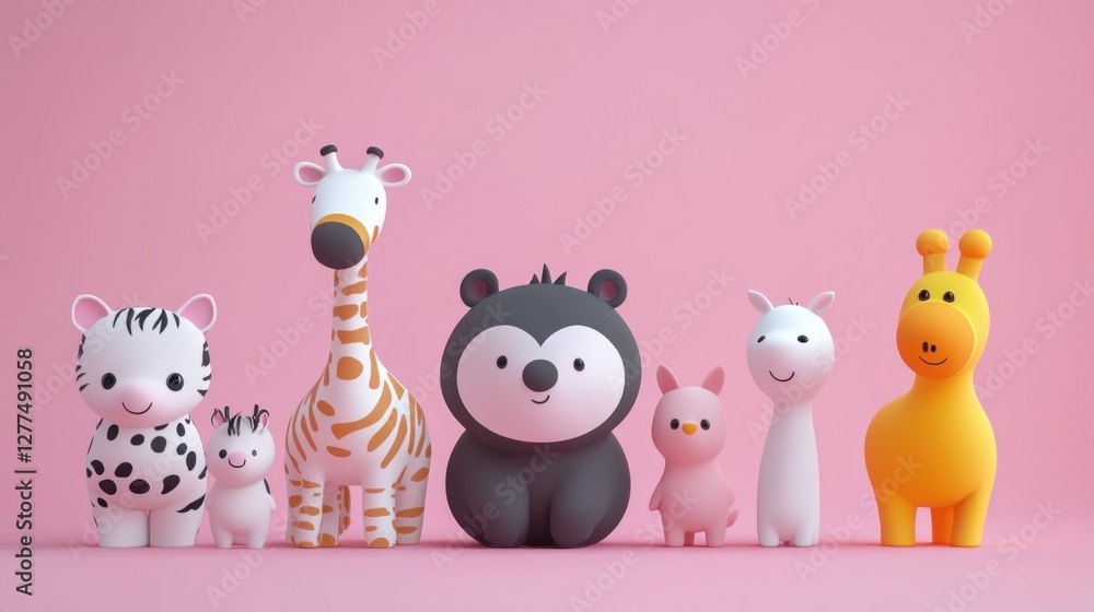 Obraz premium Cute cartoon animals, a group of stylized animals, in a row on a pink background, perfect for children's content.