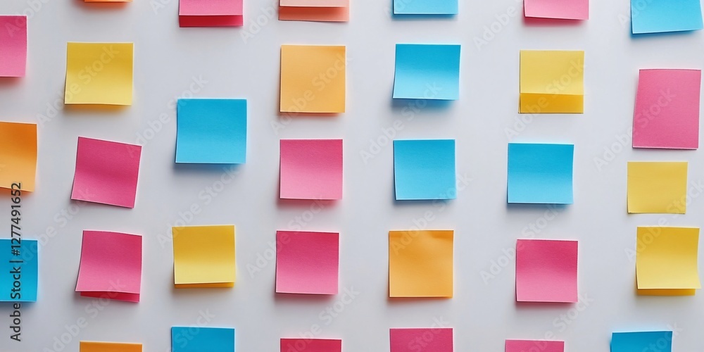 Colorful sticky notes on a white wall background with copy space.
