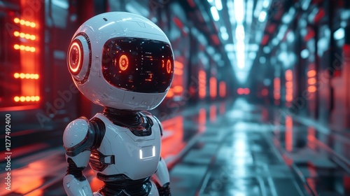 Wallpaper Mural Futuristic robot stands in a high-tech corridor with glowing lights and reflective surfaces Torontodigital.ca