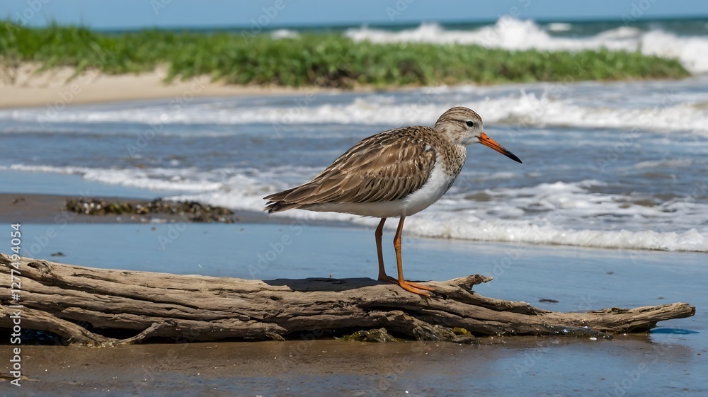 Obraz premium Shorebird Perched on Driftwood with Wings Spread, Embracing the Ocean Breeze