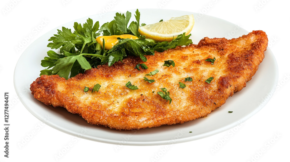 A delicious fried fish fillet served with lemon and herbs. transparent background A delicious fried fish fillet served with lemon and herbs. transparent background