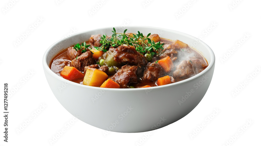 Delicious beef stew with vegetables in a white bowl, steaming hot. transparent background Delicious beef stew with vegetables in a white bowl, steaming hot. transparent background