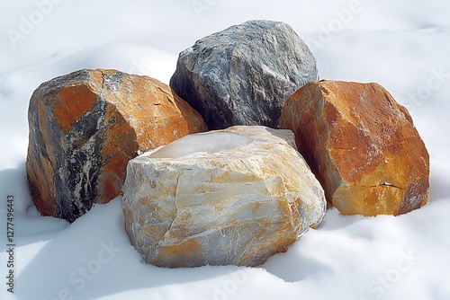 A cluster of colorful stones resting on a snowy surface, showcasing their unique textures and hues photo