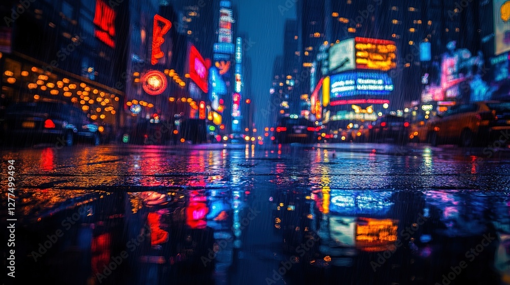 Obraz premium A dynamic cityscape at night with glowing neon lights and reflections on wet pavement, cinematic and moody
