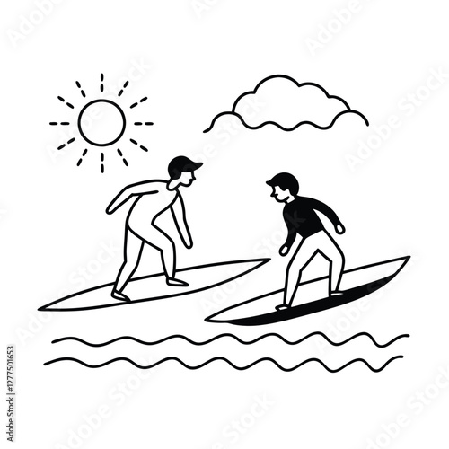 Canvas Print Two surfers enjoy sunny day ocean waves surfing boards summer