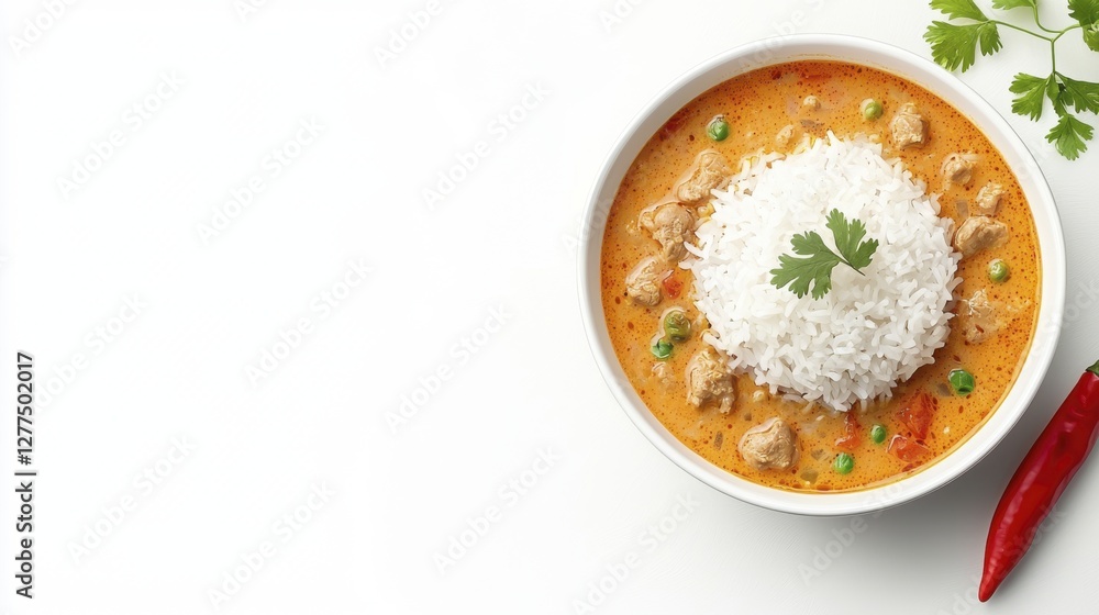Creamy Red Chicken Curry with Rice and Peas in White Bowl Creamy Red Chicken Curry with Rice and Peas in White Bowl