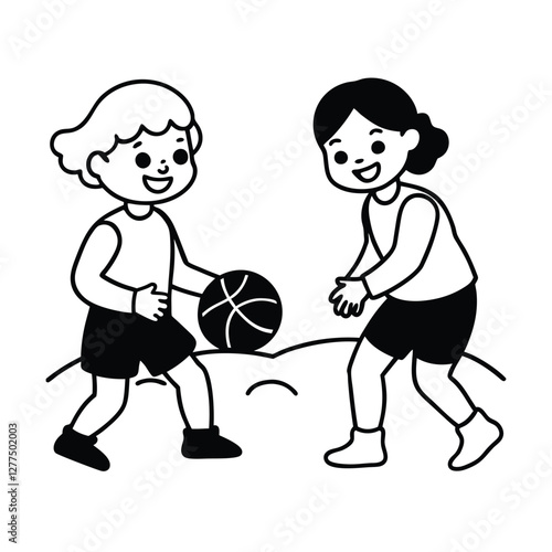 Happy Children Playing Basketball Outdoors, Friendship, Teamwork, Fun