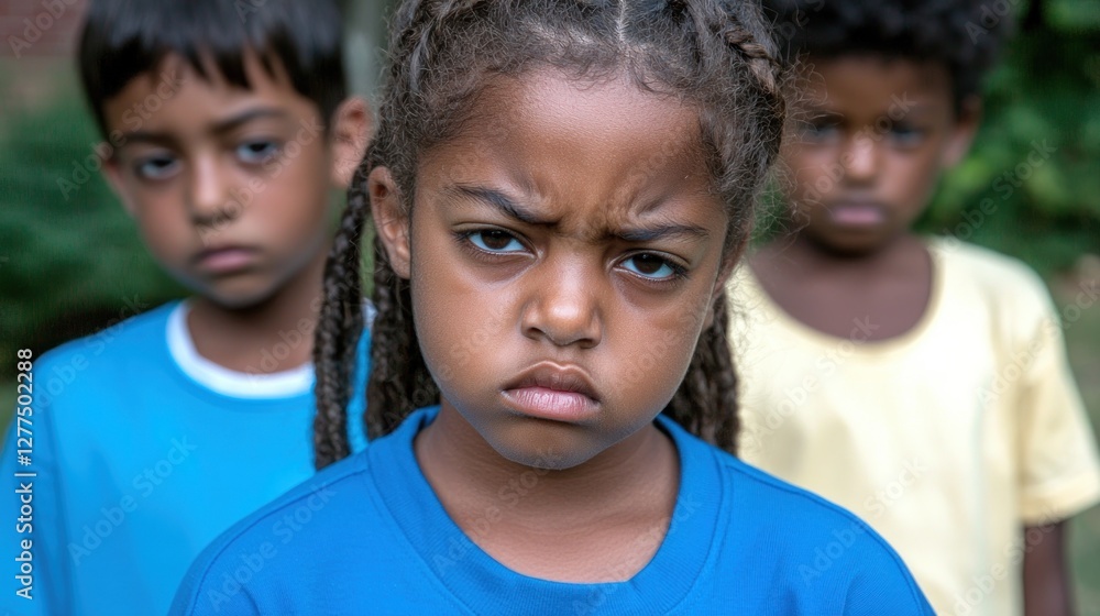 Children frowning, serious expression, outdoors, possible use for educational resources or social issues Children frowning, serious expression, outdoors, possible use for educational resources or social issues