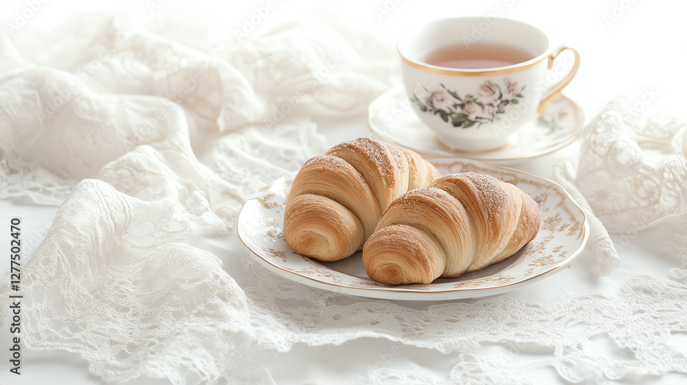 A cozy setup featuring croissants and a cup of tea on a delicate lace tablecloth. A cozy setup featuring croissants and a cup of tea on a delicate lace tablecloth.