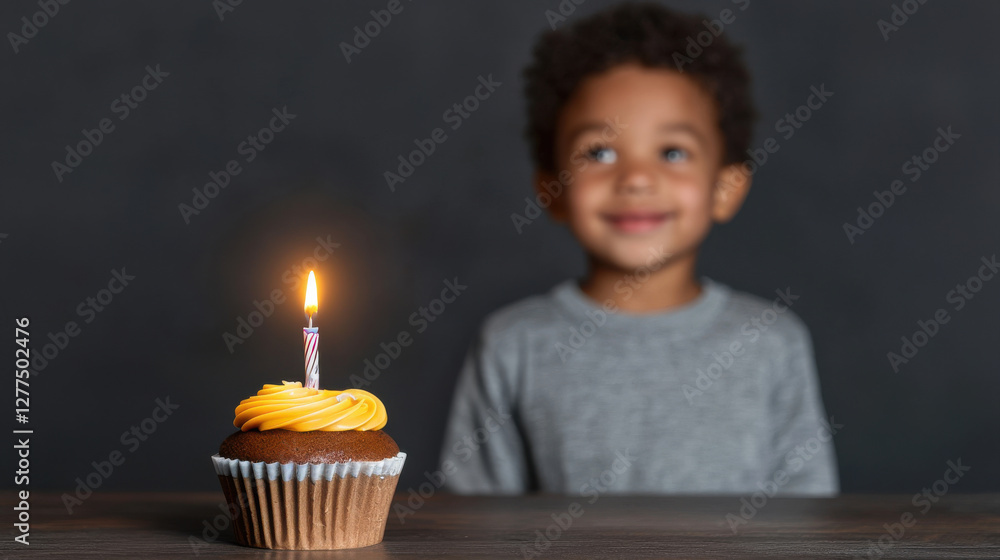 Child celebrating their birthday with cupcake and candle, smiling joyfully, Happy Birthday Anniversary Theme. Child celebrating their birthday with cupcake and candle, smiling joyfully, Happy Birthday Anniversary Theme.