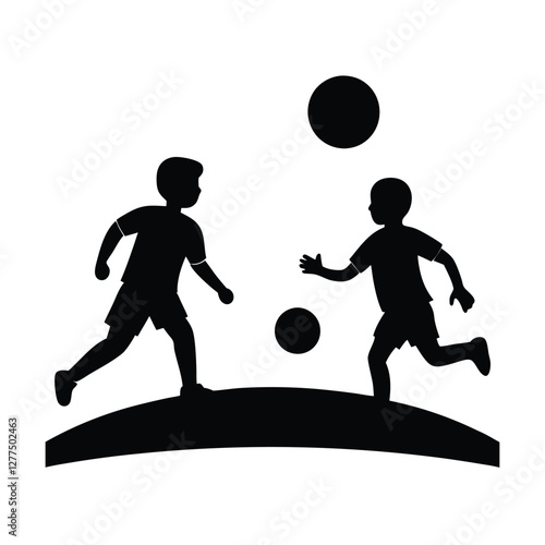 Silhouette of two boys playing soccer with balls on a hill
