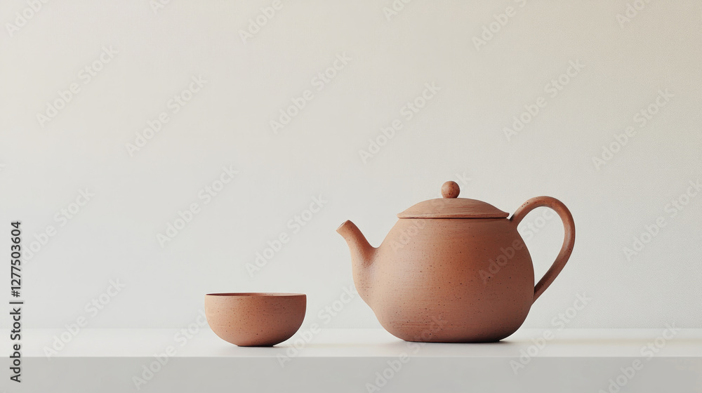 A terracotta teapot and cup set on a clean white background, showcasing elegant ceramic design and rustic charm. AI generative A terracotta teapot and cup set on a clean white background, showcasing elegant ceramic design and rustic charm. AI generative