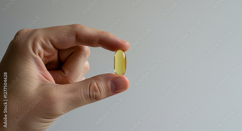 Gel capsule in hand close up. Hand holding gel capsule. Health supplement gel capsule Gel capsule in hand close up. Hand holding gel capsule. Health supplement gel capsule