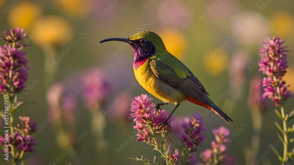 Fototapeta premium Colorful Sun bird Sipping Nectar from Wildflowers in a Lush Meadow, Glowing in Soft Morning Light