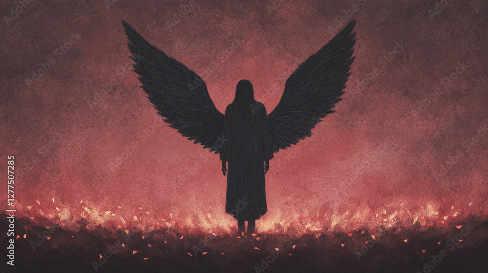 Fototapeta premium Dark Angel in Fiery Landscape