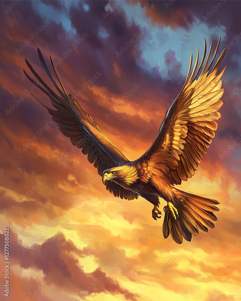 Obraz premium Soaring Eagle in the Sky: An majestic eagle with powerful wings and keen gaze, soaring gracefully against a vivid, painterly sunset sky.