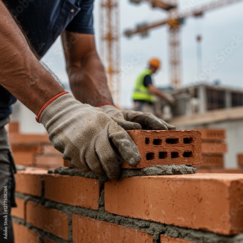 Bricklayer Placing Brick on Wall at Construction Site with Cranes