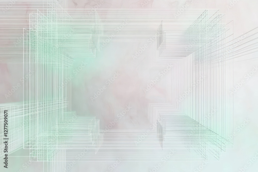 Muted mint-green accents enhance an elegant white wireframe, dynamically centered on a pastel-to-gray gradient.