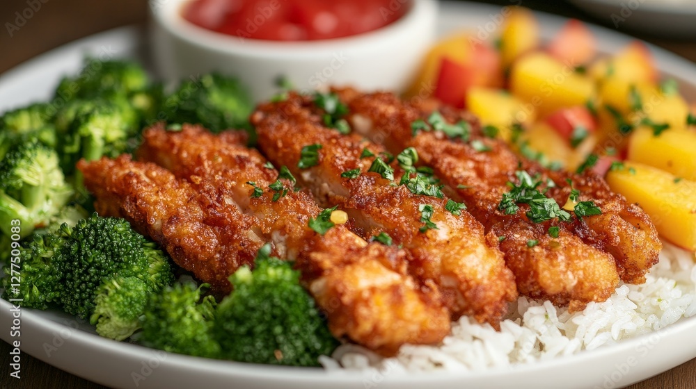 A plate featuring crispy chicken, rice, broccoli, and fresh fruit with dipping sauce. A plate featuring crispy chicken, rice, broccoli, and fresh fruit with dipping sauce.