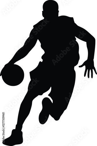 Silhouette of a basketball player dribbling the ball in action, captured in a dynamic and energetic pose