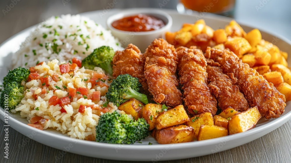 A plate featuring fried chicken, rice, broccoli, and potatoes, served with dipping sauce. A plate featuring fried chicken, rice, broccoli, and potatoes, served with dipping sauce.