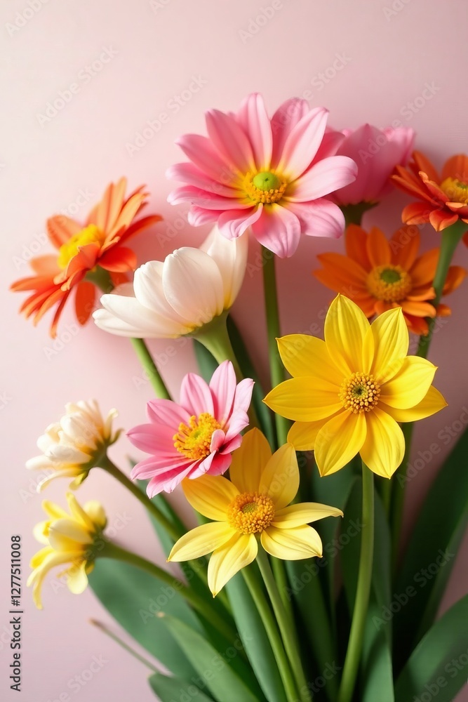 Naklejka premium Vibrant bouquet of tulips, daisies, and daffodils, spring, nature