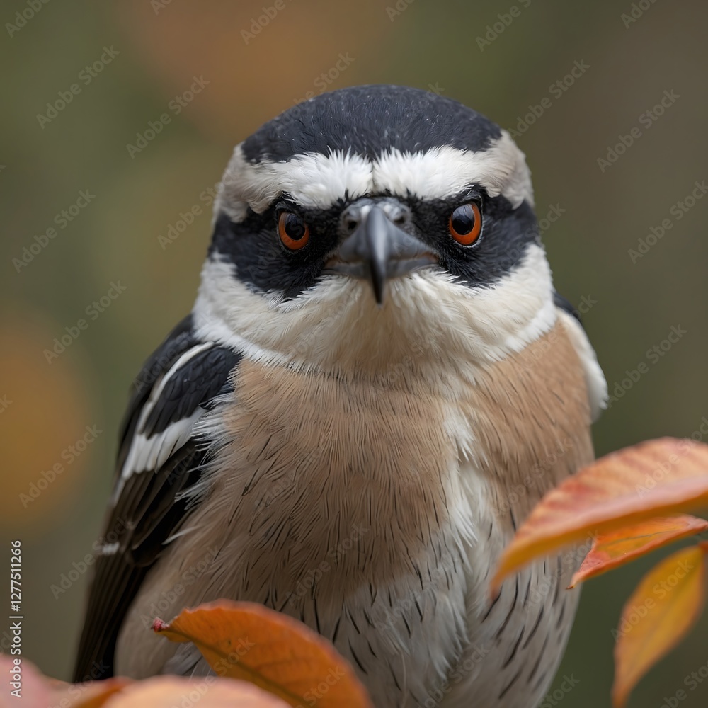 Fototapeta premium Detailed Shot of Shrike's Predatory Beak and Focused Eyes in a Dense Woodland Setting