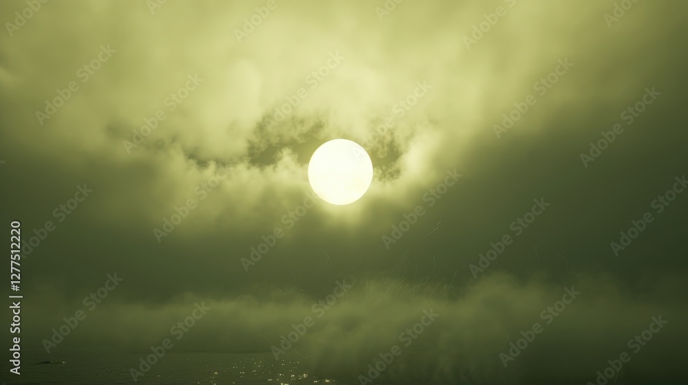 A mysterious greenish atmosphere surrounds the sun, partially obscured by clouds, creating an ethereal and surreal effect.