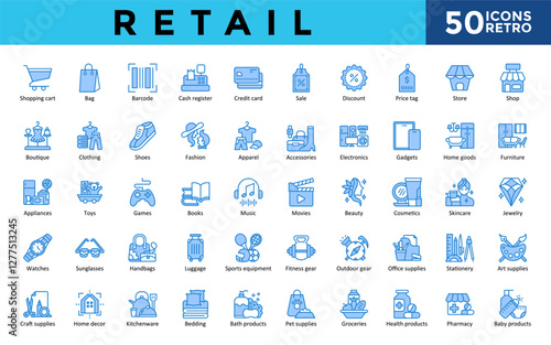 Retail icons set with shopping cart, bag, barcode, cash register, credit card, sale, discount, price tag, store, shop icon. Simple retro vector 

