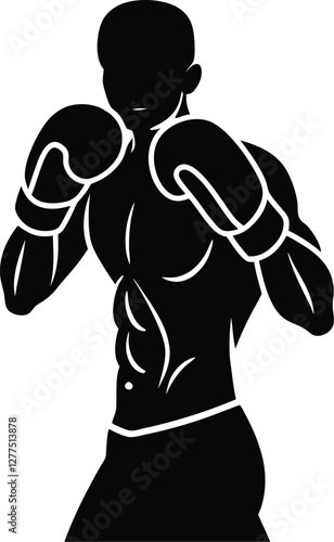 Stylized boxer in a defensive stance with boxing gloves, ready for action and combat