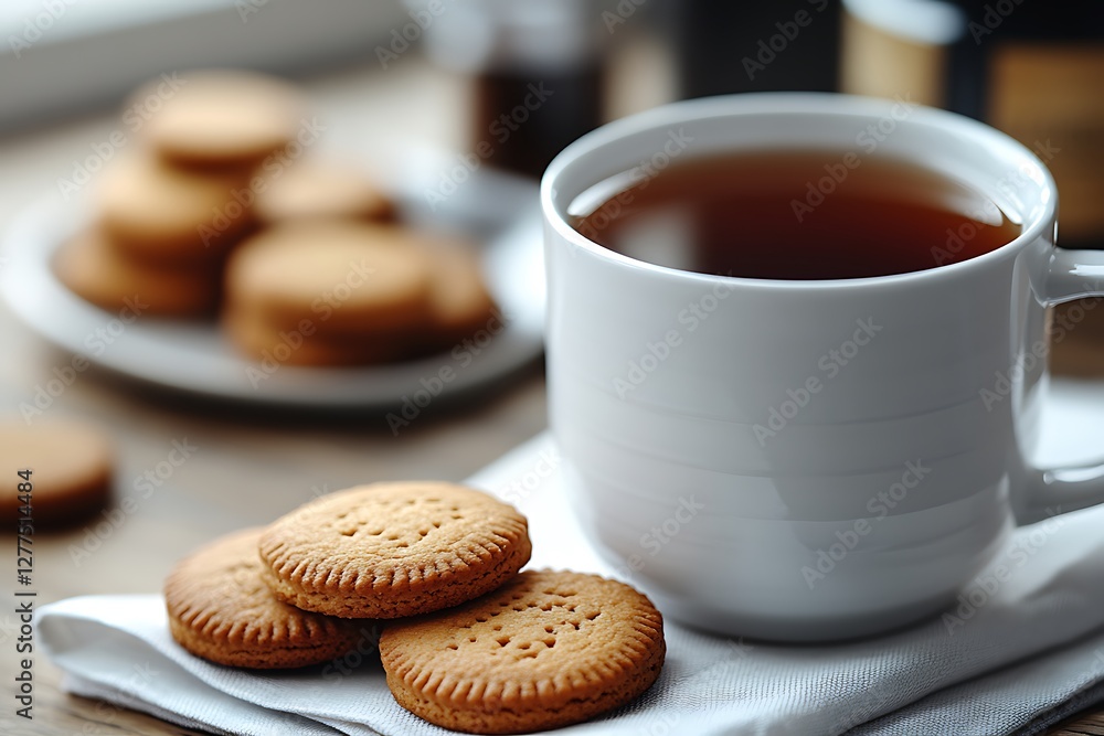 Crunchy oatmeal cookies and a mug of black tea isolated on a blur background Crunchy oatmeal cookies and a mug of black tea isolated on a blur background