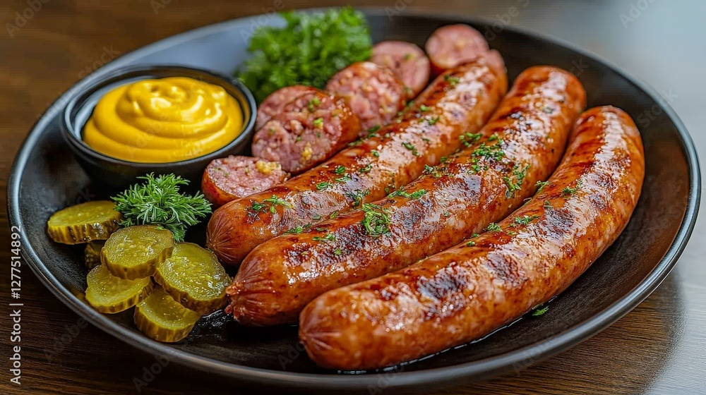 A plate featuring grilled sausages, mustard, pickles, and garnishes for a hearty meal. A plate featuring grilled sausages, mustard, pickles, and garnishes for a hearty meal.