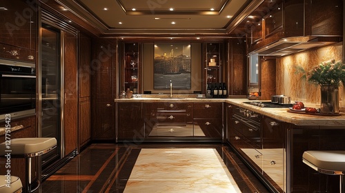 A luxurious modern kitchen with sleek appliances and marble countertops, elegant and inviting