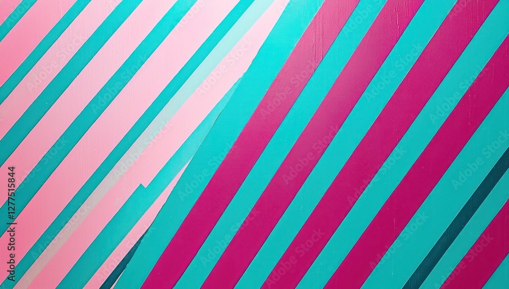 Obraz premium A geometric cascade effect created by alternating lines of fluorescent magenta and aqua in a stepped pyramid grid.