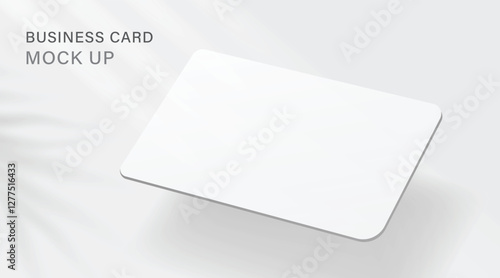 Close up view of white blank business cards or credit card mockup on minimal bright background with leaf shadow and sunlight. Illustrator vector