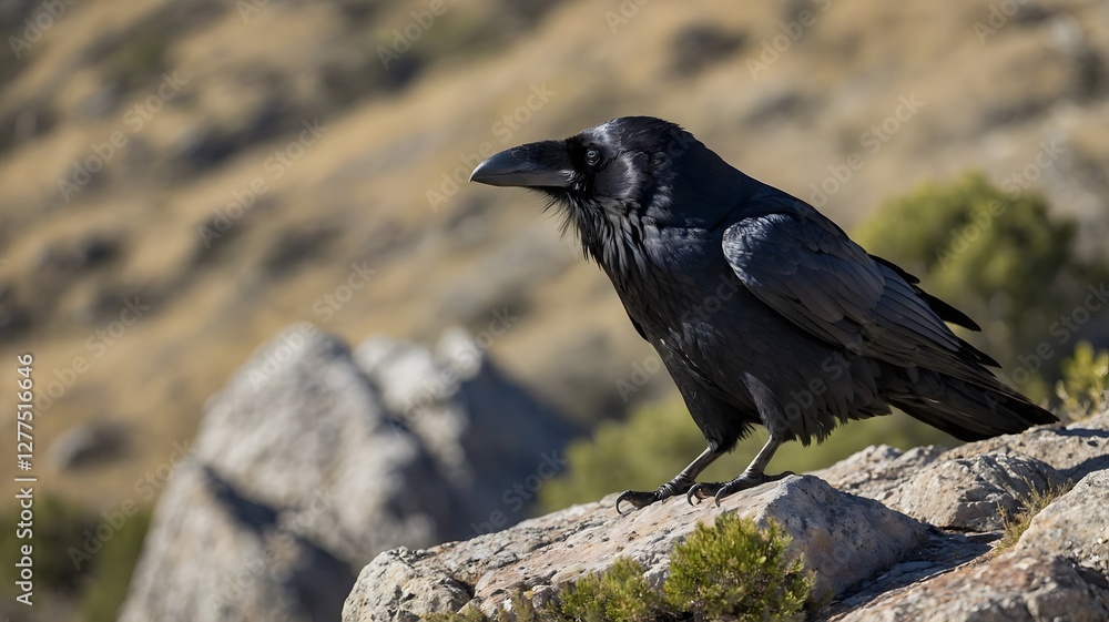 Naklejka premium Detailed Shot of a Raven on a Rocky Outcrop, Its Sharp Call Echoing Through the Landscape