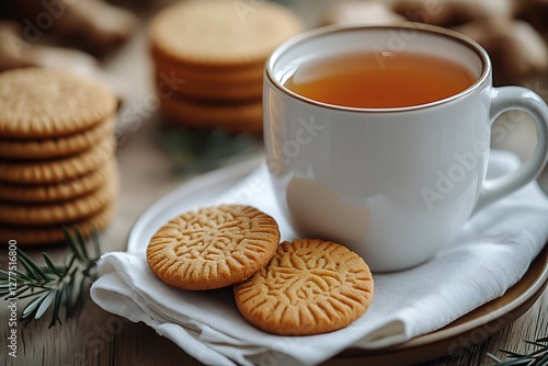 Crunchy oatmeal cookies and a mug of black tea isolated on a blur background
