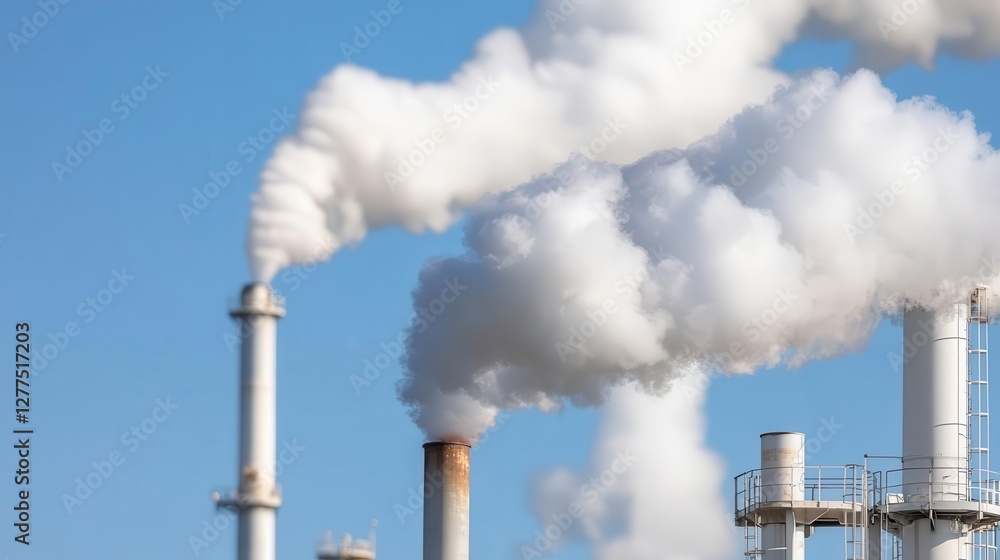 Industrial pollution rising from smokestacks at a refinery creates hazy air, a stark contrast against the clear blue sky above. Industrial pollution rising from smokestacks at a refinery creates hazy air, a stark contrast against the clear blue sky above.