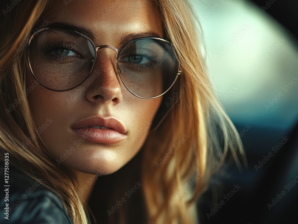 Portrait of a Confident Woman with Glasses in a Car Interior, Showcasing Realism and Empowerment Through Expression Portrait of a Confident Woman with Glasses in a Car Interior, Showcasing Realism and Empowerment Through Expression