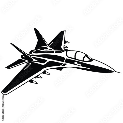 Stylized jet fighter in mid-flight, captured with a dynamic and sleek design