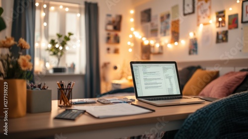 Housing costs breakdown by a tech-savvy student in a dorm room. Featuring independence and smart budgeting