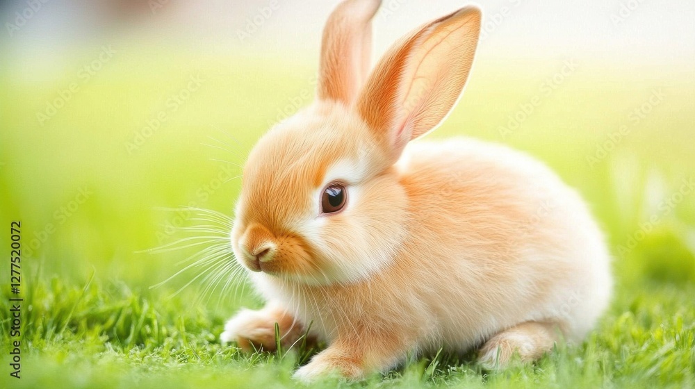 Adorable fluffy rabbit sitting on green grass in sunny environment Adorable fluffy rabbit sitting on green grass in sunny environment