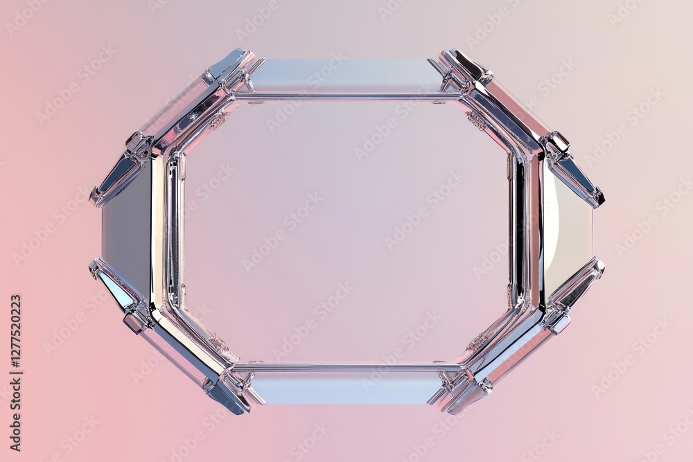 Chrome-trimmed 3D frame, symmetrically floating on a pastel-muted backdrop, perfect for futuristic ad designs. Chrome-trimmed 3D frame, symmetrically floating on a pastel-muted backdrop, perfect for futuristic ad designs.