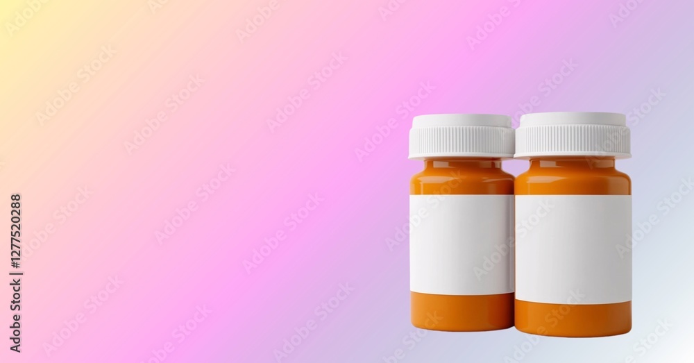 Two orange medicine bottles with blank white labels, featuring plastic screw-on caps, set against a soft gradient pastel background. Two orange medicine bottles with blank white labels, featuring plastic screw-on caps, set against a soft gradient pastel background.